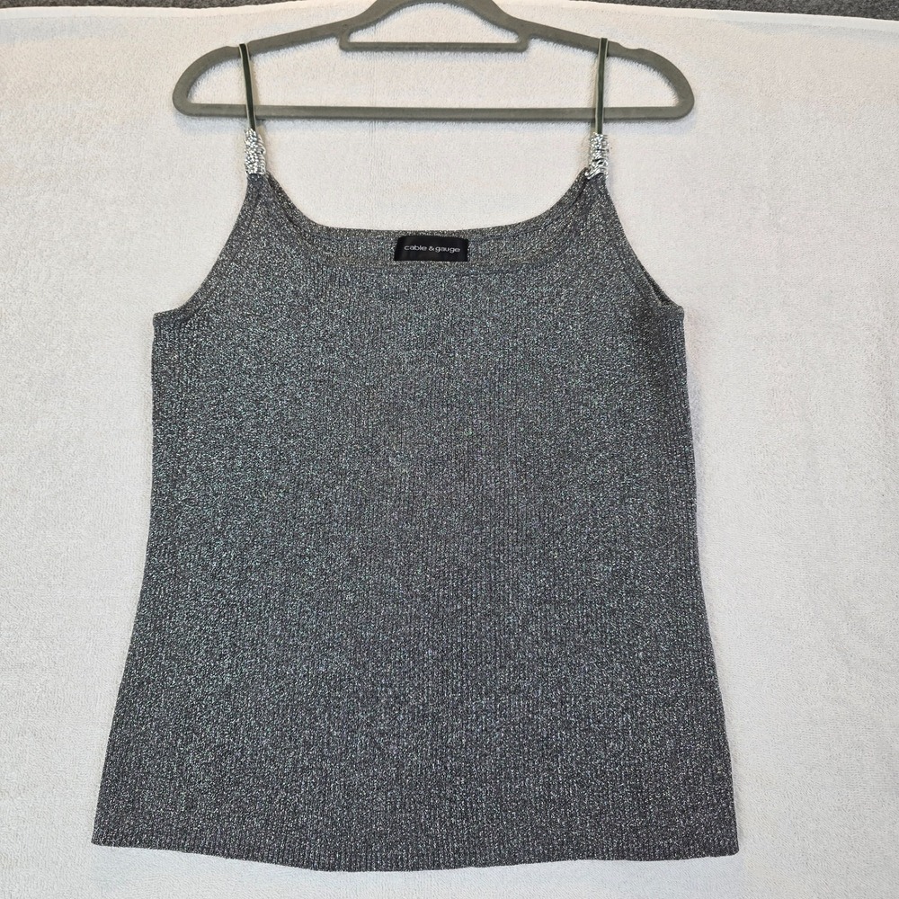 Cable & Gauge Tank Top Womens XL Silver Sparkly Rhinestone Square Neck Straps